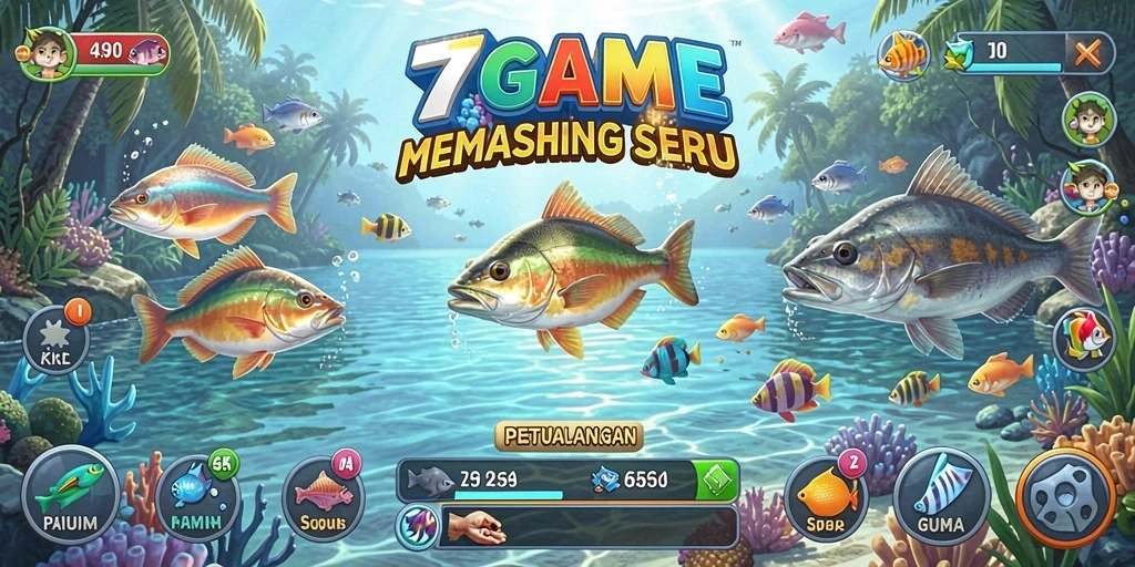 Screenshot gameplay 7GAME dengan ikan yang terlihat jelas dan lokasi memancing indah.