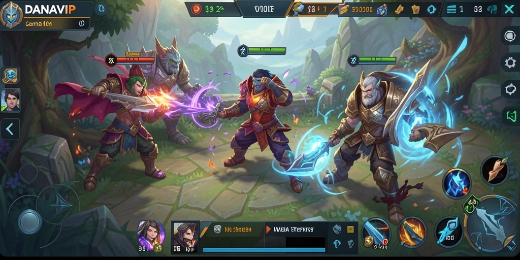 Tangkapan layar gameplay <strong>DANAVIP</strong> yang menampilkan pertarungan seru antar hero.