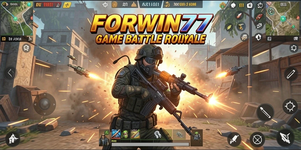 Screenshot gameplay FORWIN77 yang menampilkan aksi seru dalam pertempuran Battle Royale.