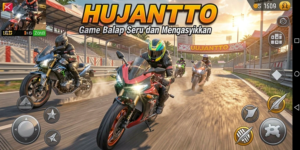 Tangkapan layar gameplay HUJANTOTO menampilkan balapan motor yang seru dan menegangkan.