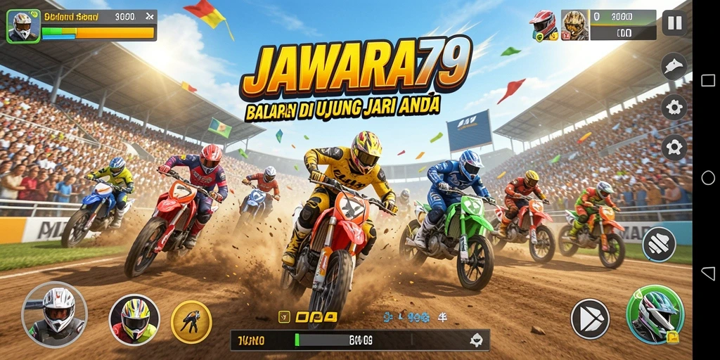 Screenshot gameplay JAWARA79 menampilkan balapan yang mendebarkan.