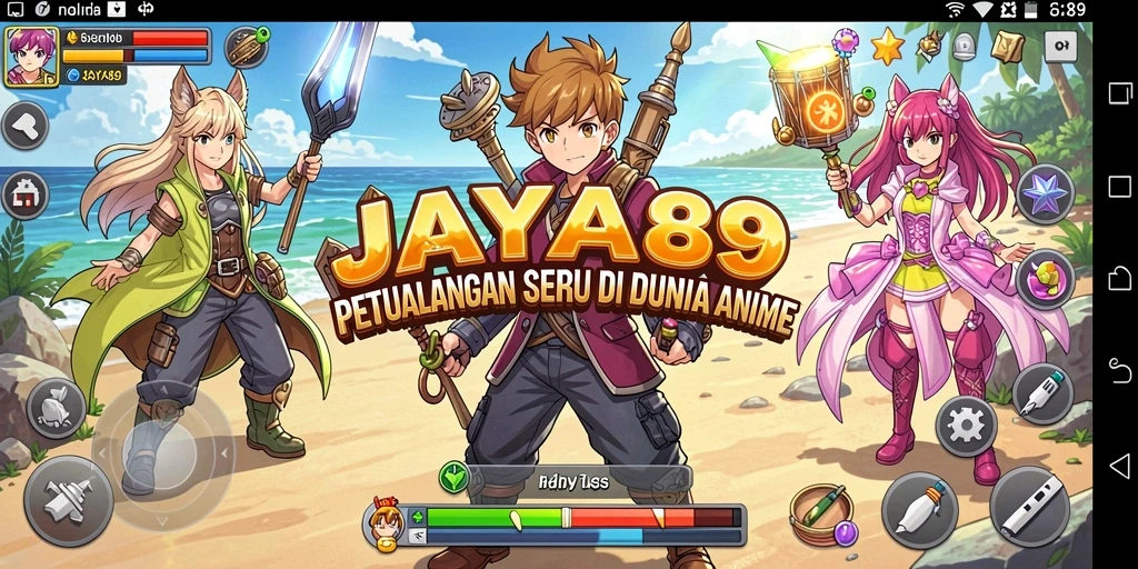 Tangkapan layar utama JAYA89 menampilkan aksi karakter anime yang mendebarkan.