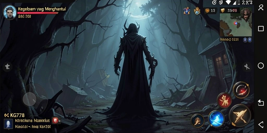 Screenshot menunjukkan gameplay menegangkan dalam suasana horor yang pekat.