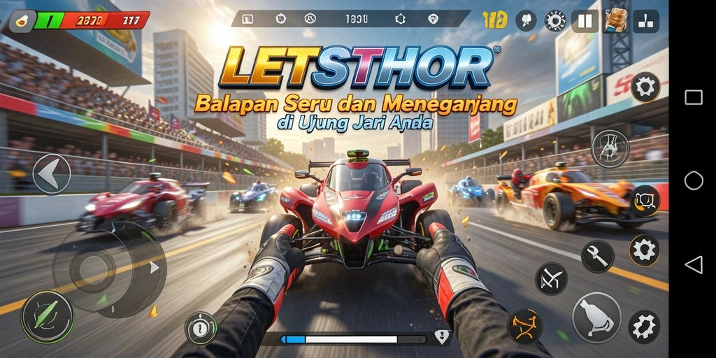 Tampak aksi seru dari gameplay LETSTHOR saat melibas lintasan balap.