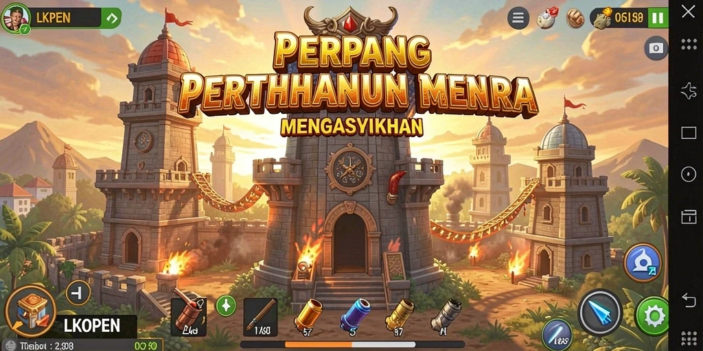 Screenshot LKOPEN menampilkan pertempuran Tower Defense yang intens.