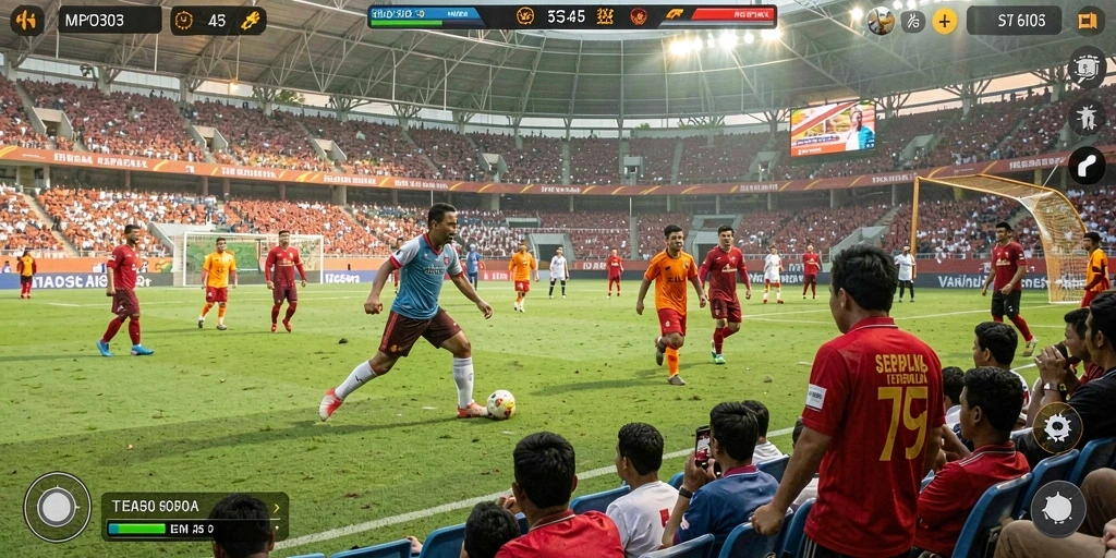 Screenshot MPO303 menampilkan aksi seru dalam pertandingan sepak bola.