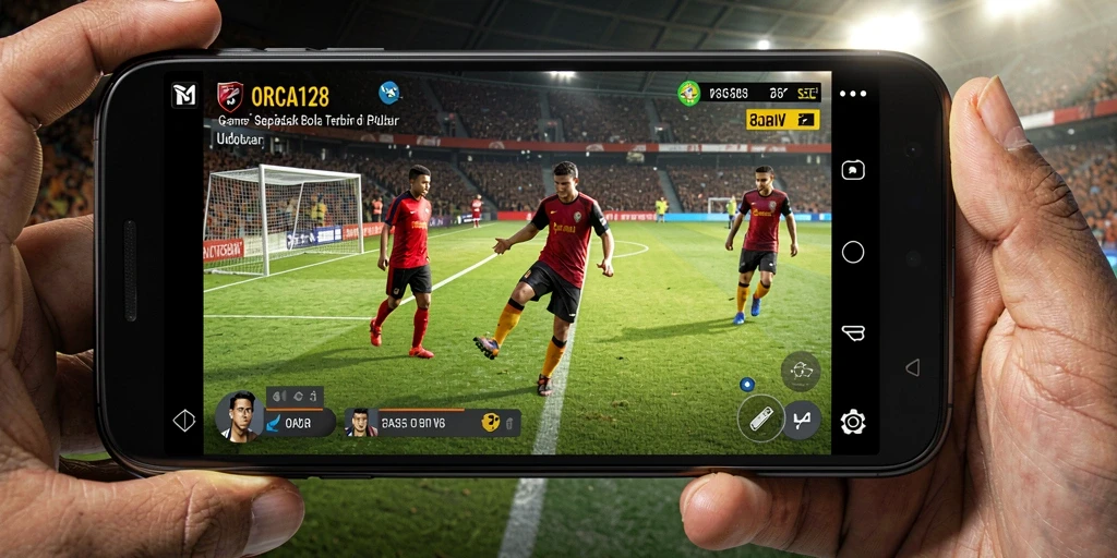 Tangkapan layar dari gameplay ORCA128 yang menampilkan aksi di lapangan sepak bola.