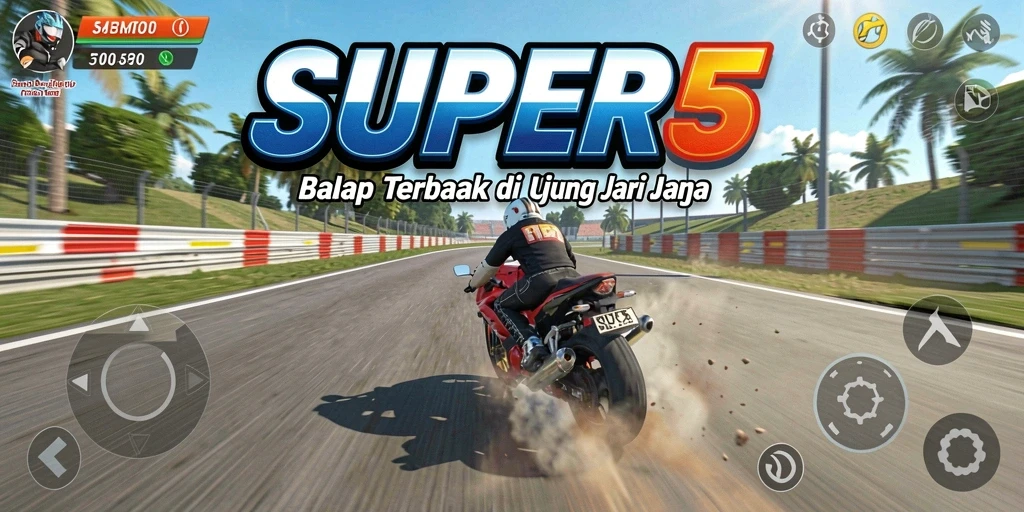 Screenshot SUPER5 menunjukkan aksi balap motor yang mendebarkan.