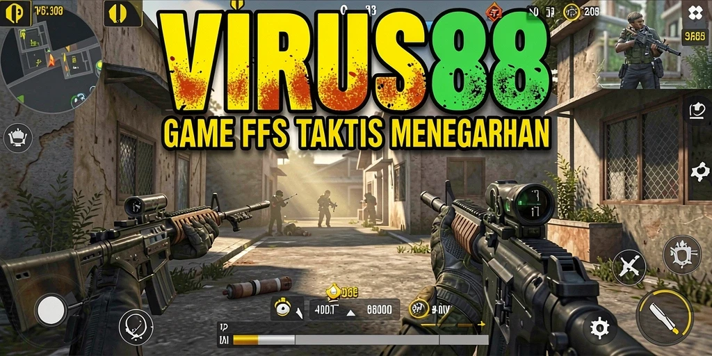 Tampilan gameplay intens di VIRUS88 dengan aksi FPS yang seru.