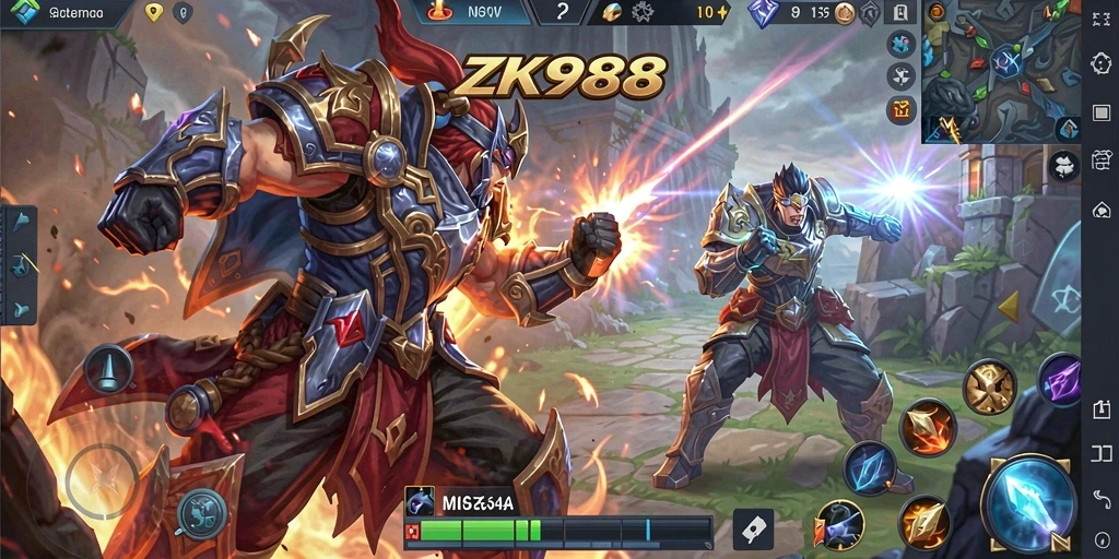 Tampilan screenshot ZK988 menampilkan pertarungan seru dengan hero-hero unik.
